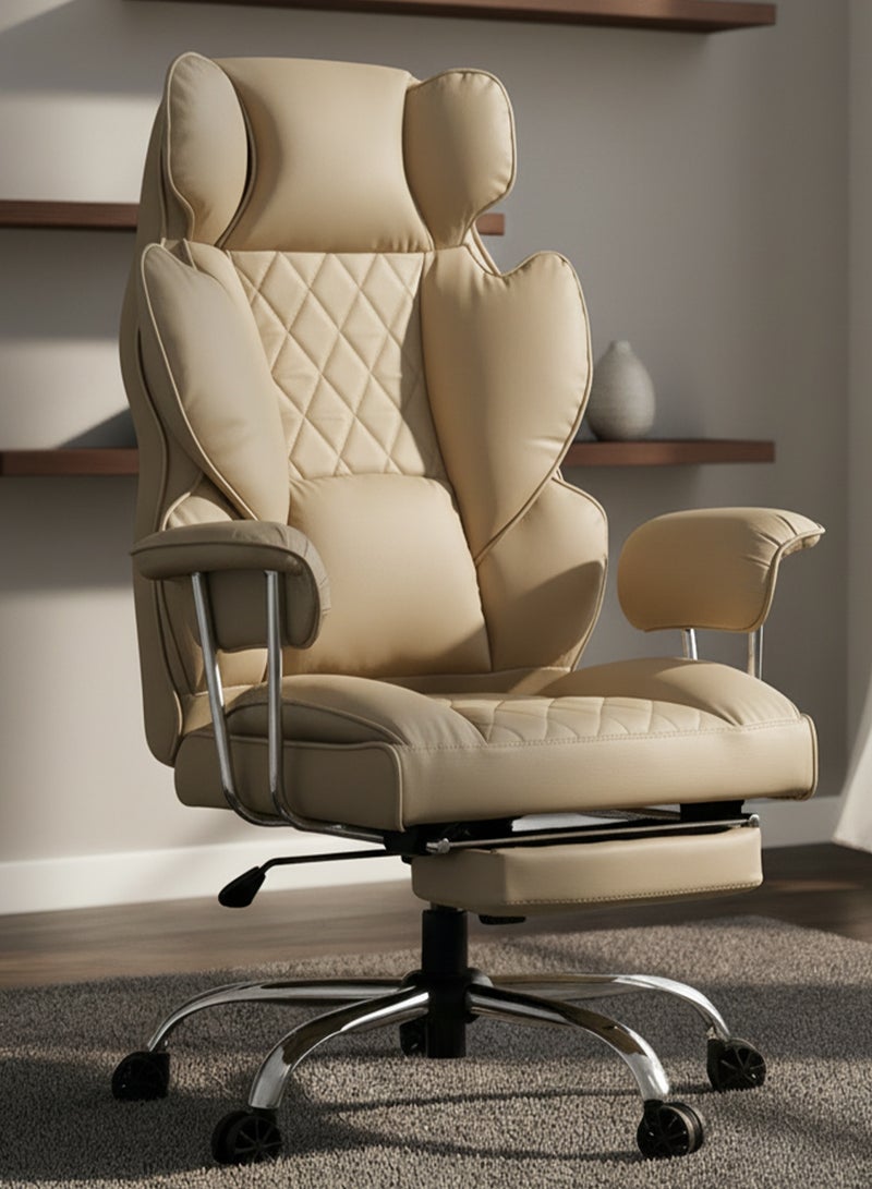 دراجو كرسي مكتب منزلي كبير الحجم وطويل القامة مع مسند للقدمين، مصنوع من الجلد الصناعي، مزود بدعم قطني بنوابض جيبية | كرسي مكتب دوار مريح بتصميم هندسي | كرسي ألعاب كمبيوتر مريح مع مسند للذراعين | كرسي استرخاء بيج اللون قابل لتعديل الارتفاع مع ظهر مرتفع - Image 1